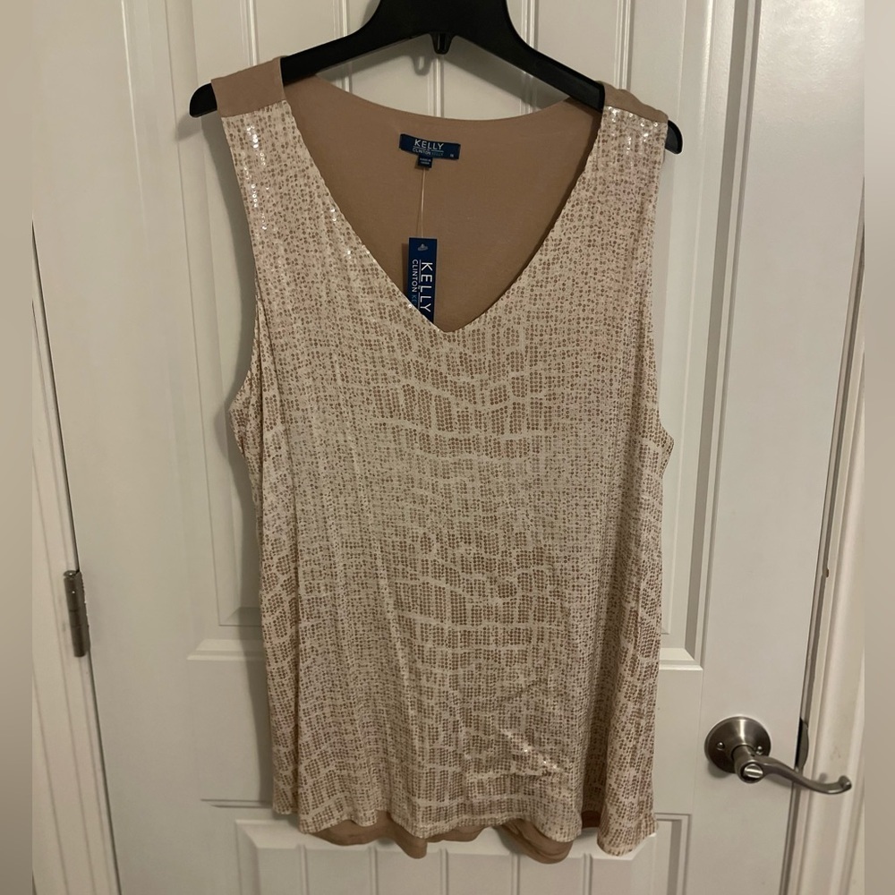 Sparkling SEQUINED SLEEVELESS TOP, KELLY‎ By Clinton Kelly, Beige Size 1X NEW
